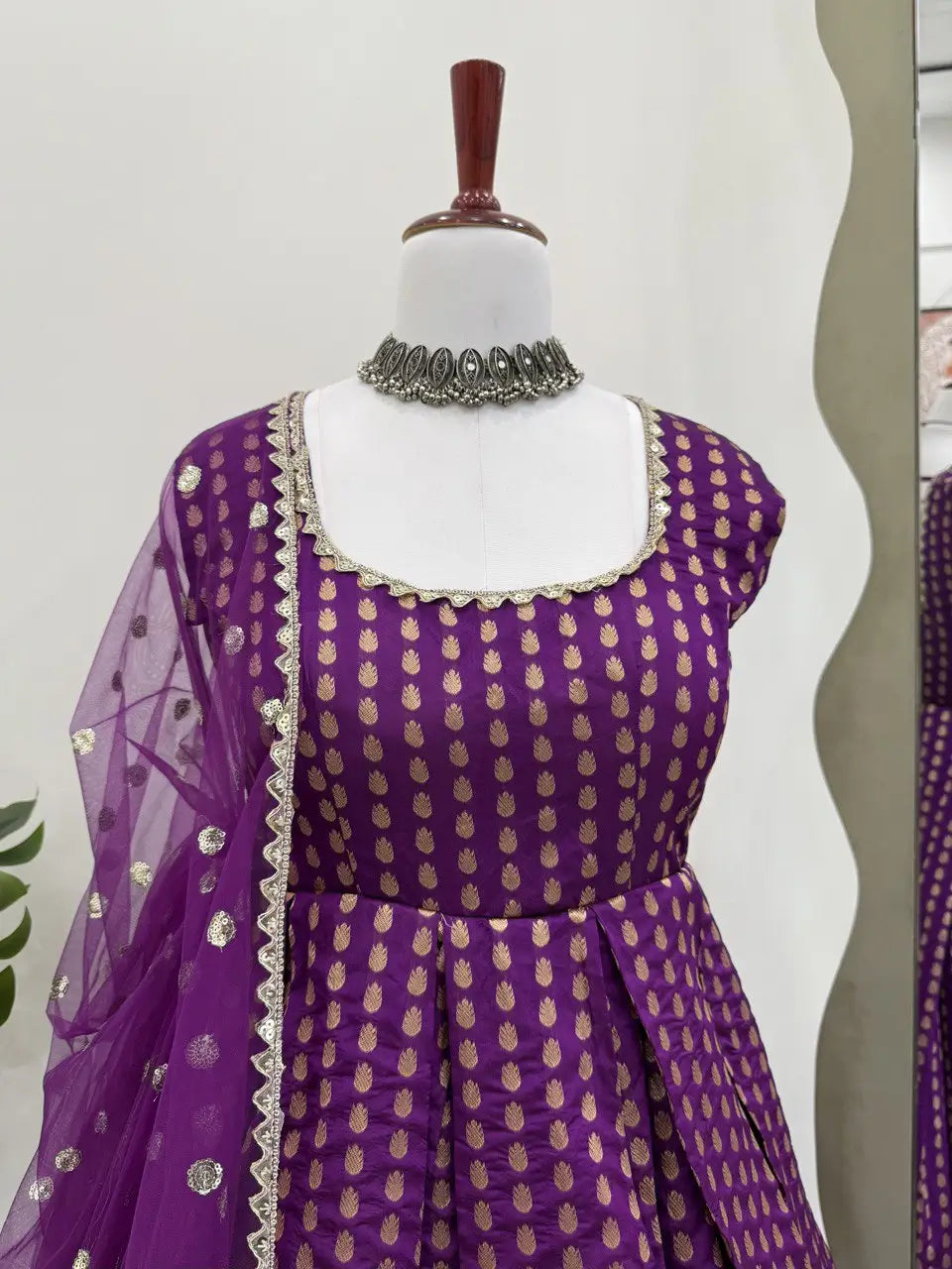 Jacquard Silk Anarkali Suit with Weaving & Lace Detailing