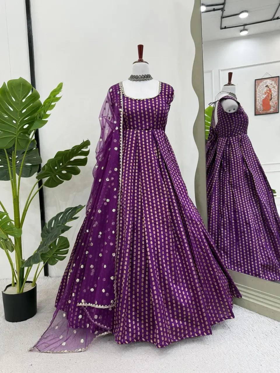 Jacquard Silk Anarkali Suit with Weaving & Lace Detailing