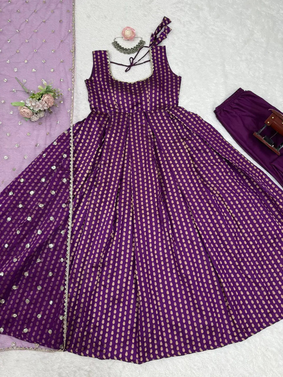 Jacquard Silk Anarkali Suit with Weaving & Lace Detailing
