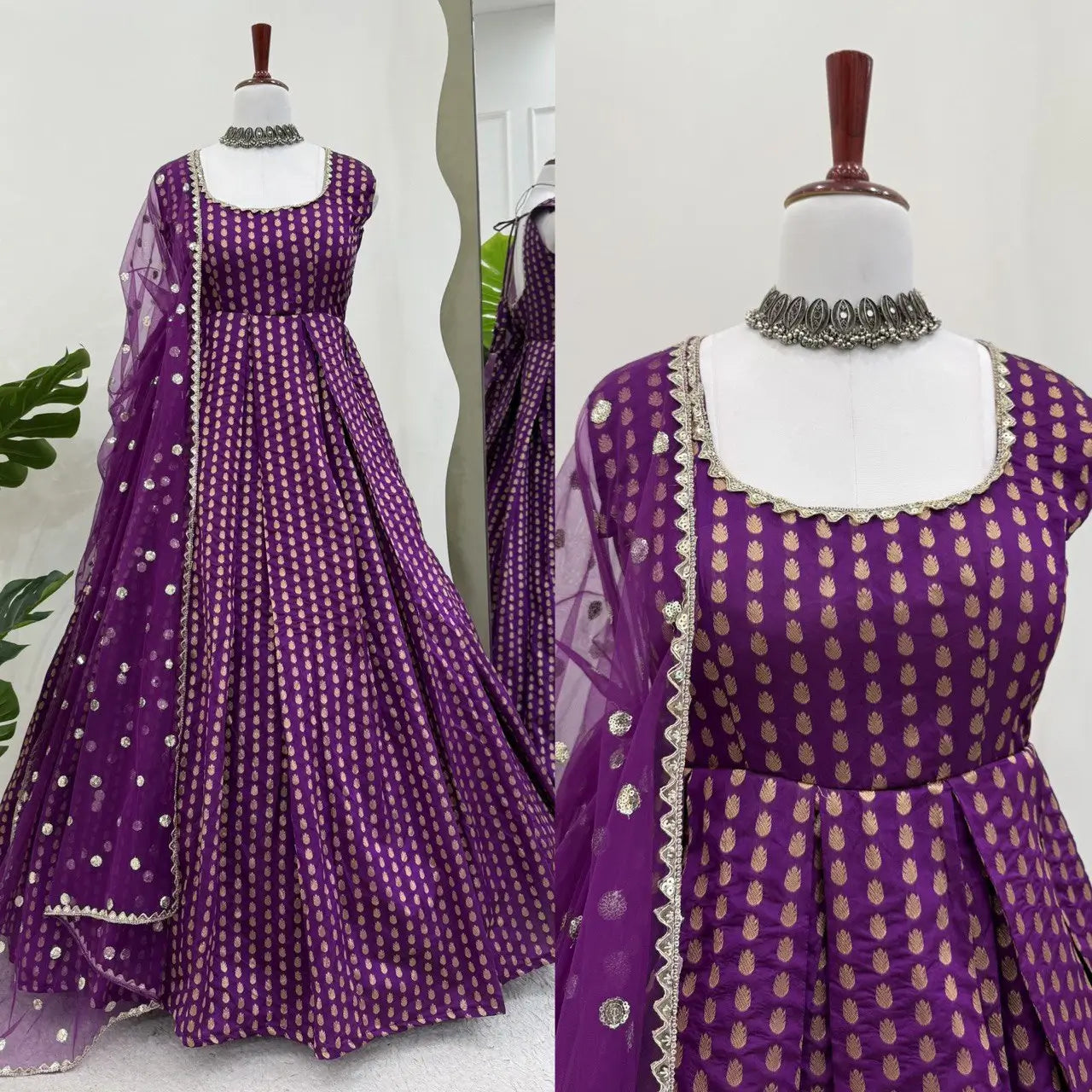 Jacquard Silk Anarkali Suit with Weaving & Lace Detailing
