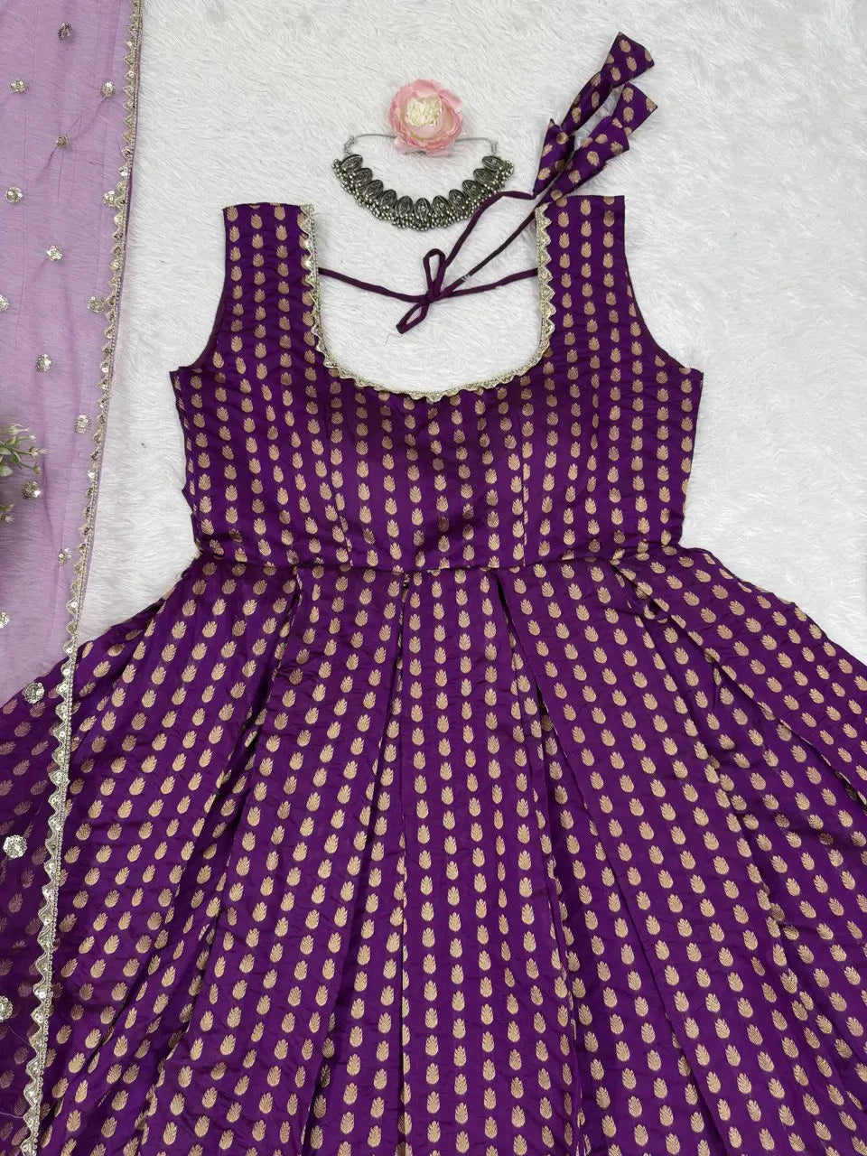 Jacquard Silk Anarkali Suit with Weaving & Lace Detailing