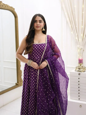 Jacquard Silk Anarkali Suit with Weaving & Lace Detailing