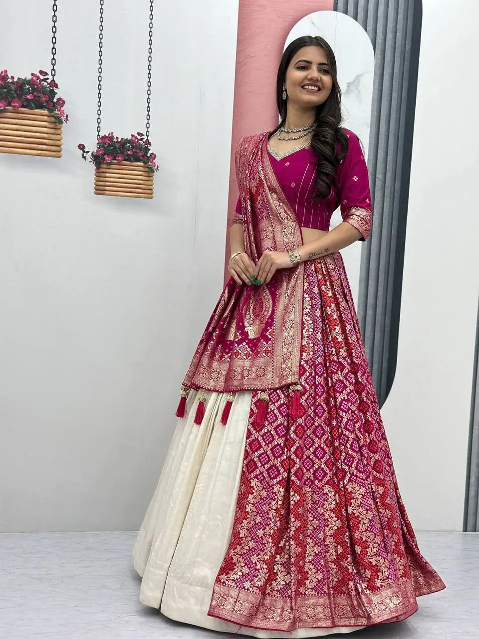 Jacquard Silk Lehenga with Banarasi Saree Style Drape for partys