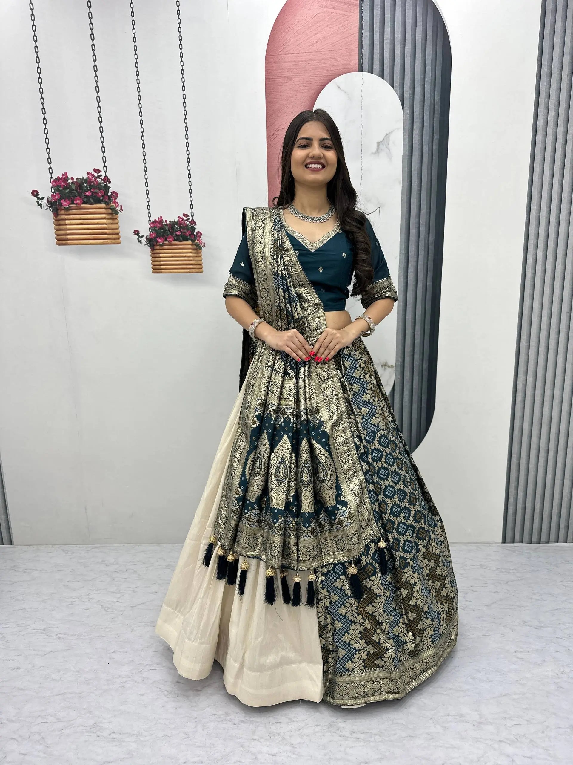 Jacquard Silk Lehenga with Banarasi Saree Style Drape for partys