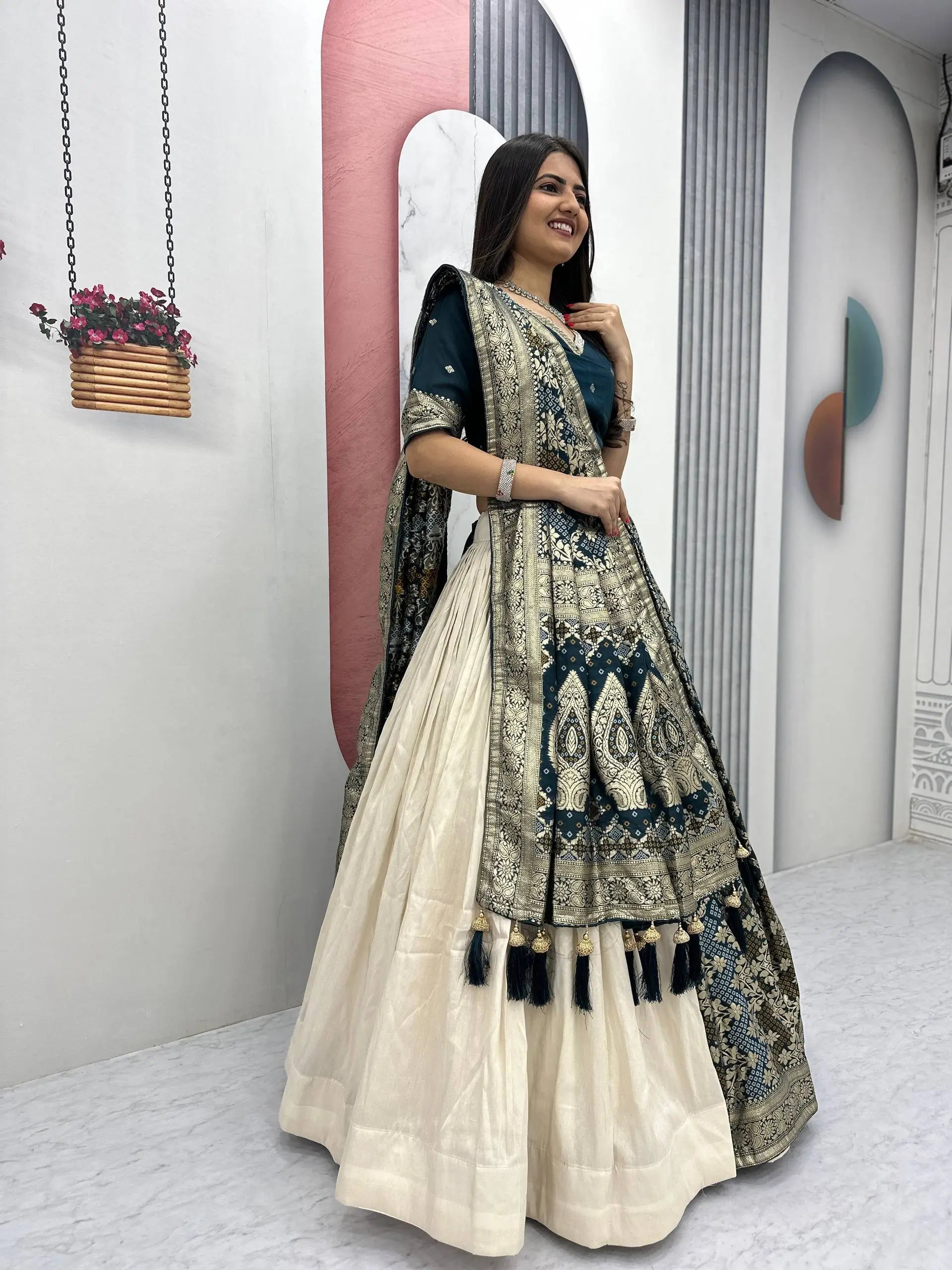 Jacquard Silk Lehenga with Banarasi Saree Style Drape for partys