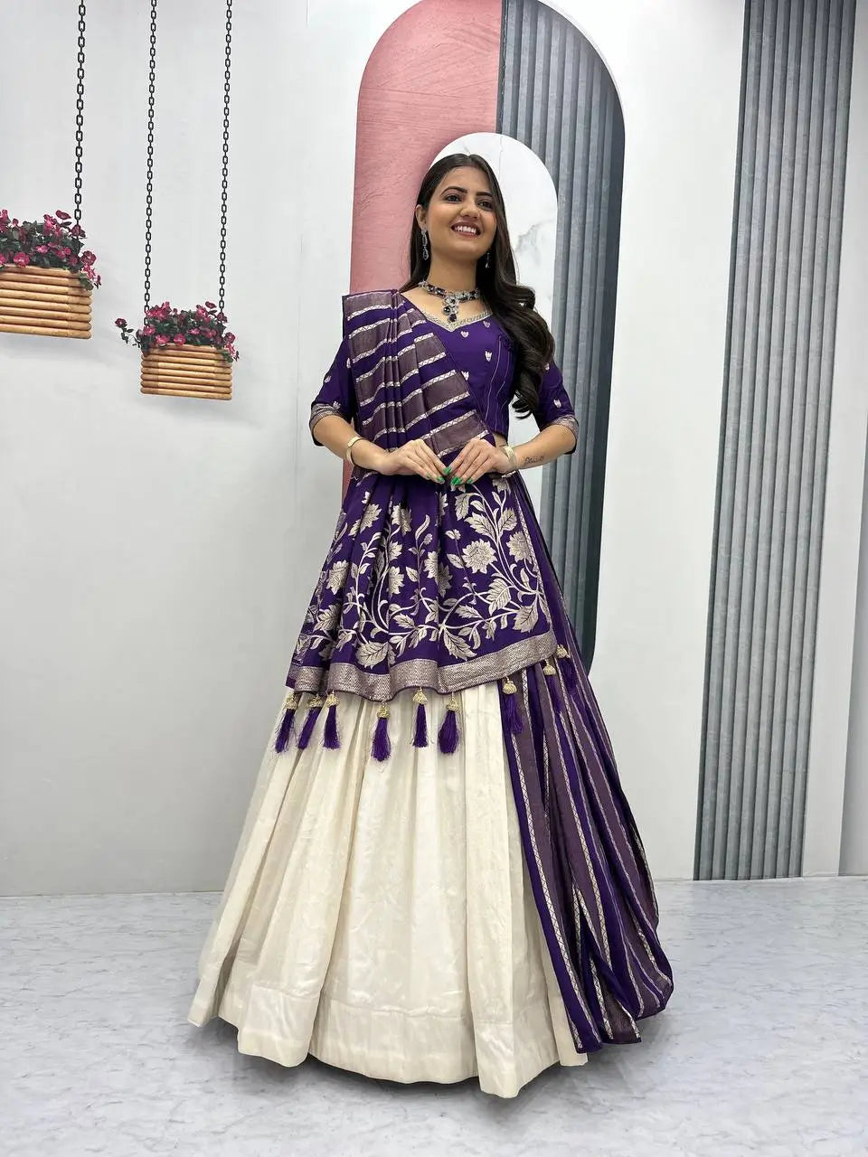 Jacquard Silk Lehenga with Banarasi Saree Style Drape for partys