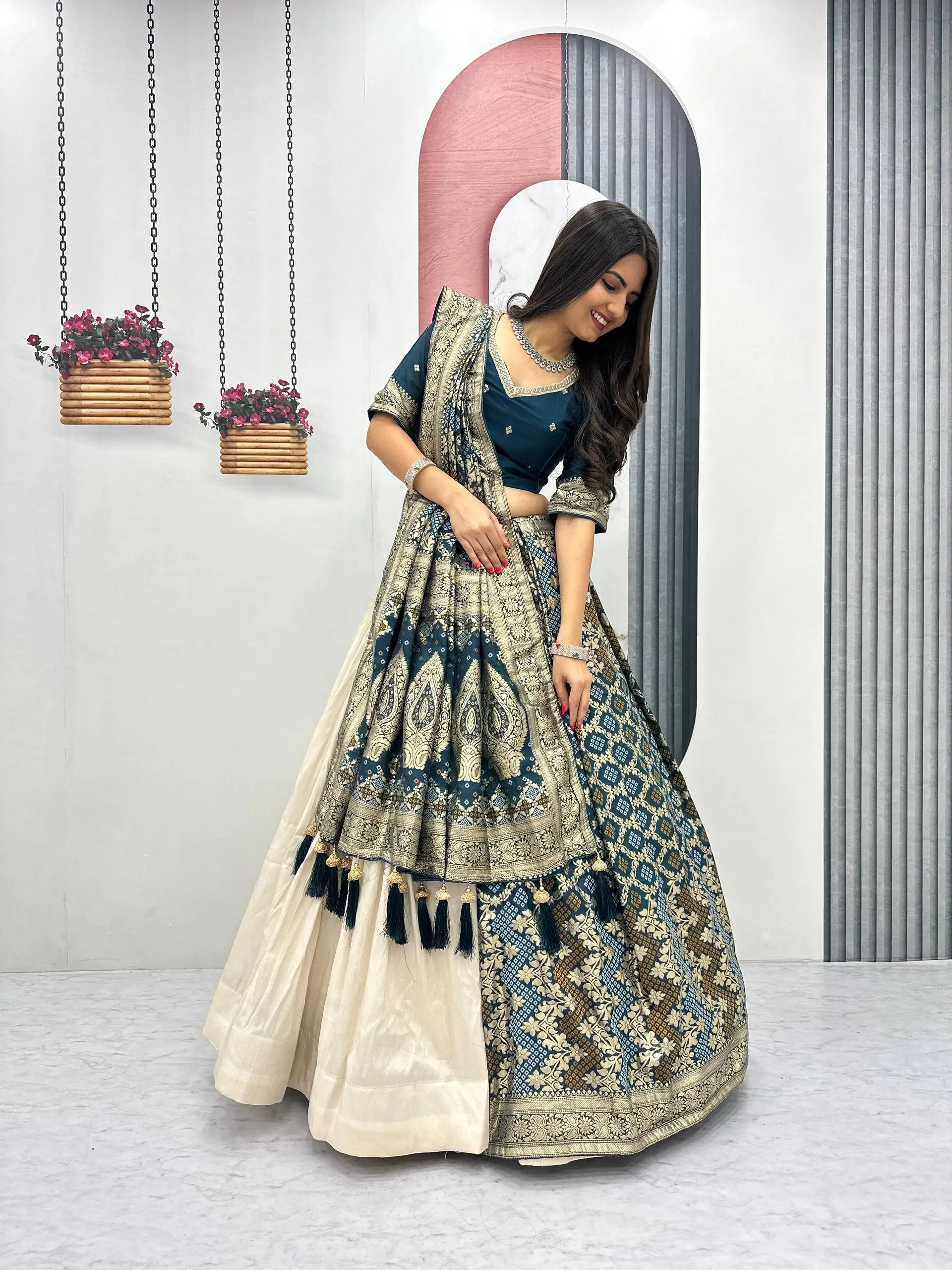Jacquard Silk Lehenga with Banarasi Saree Style Drape for partys