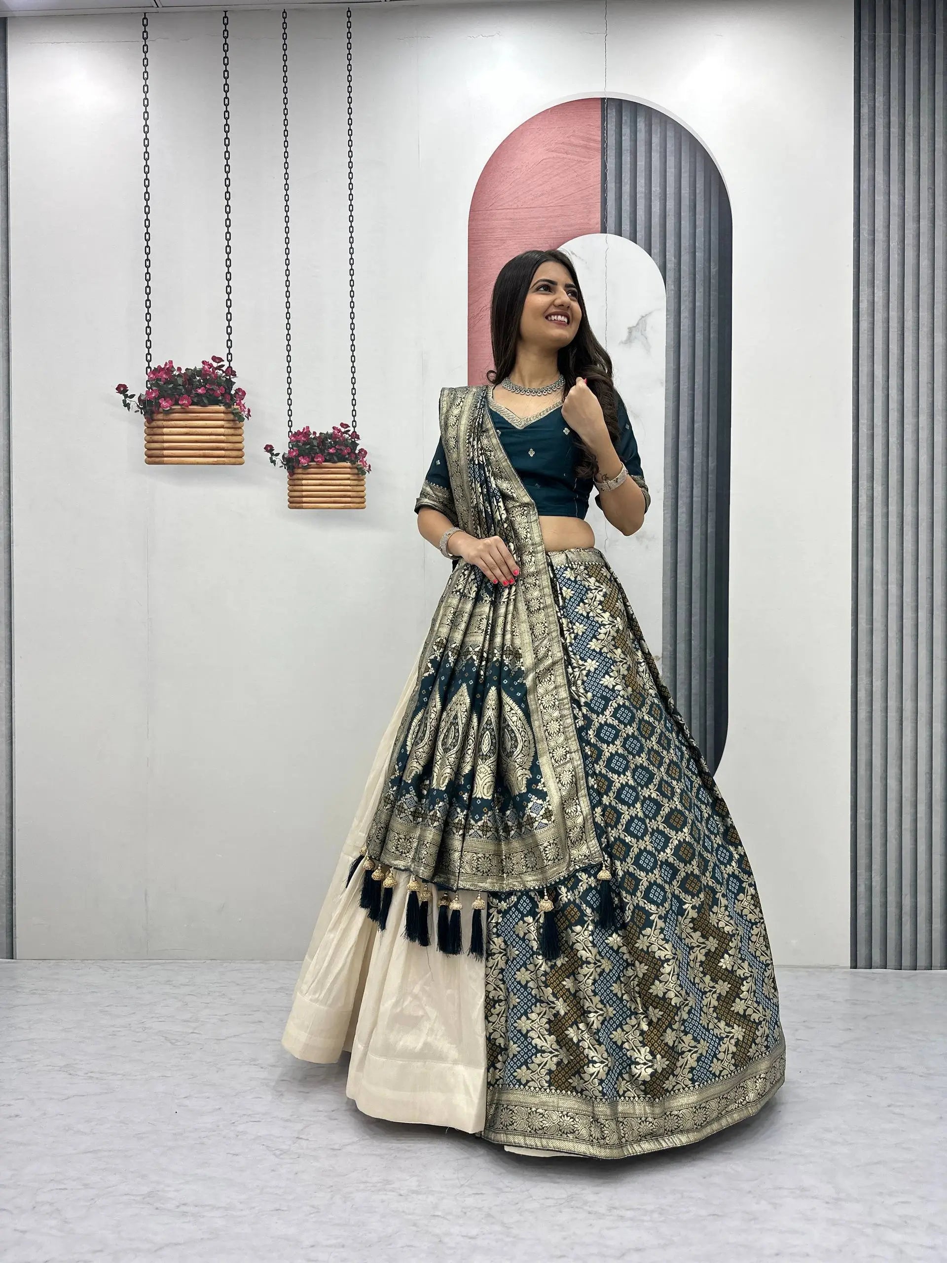 Jacquard Silk Lehenga with Banarasi Saree Style Drape for partys