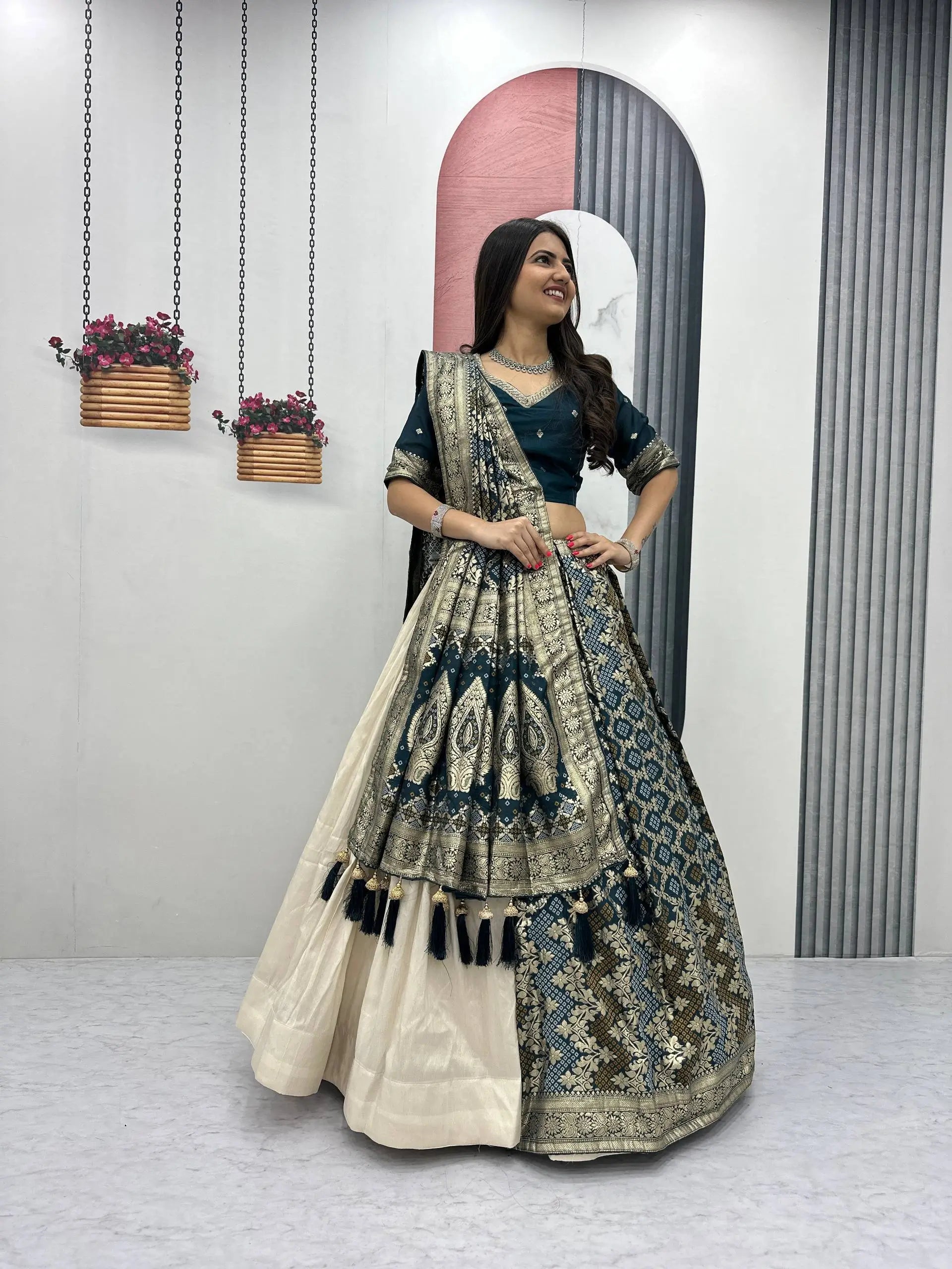 Jacquard Silk Lehenga with Banarasi Saree Style Drape for partys