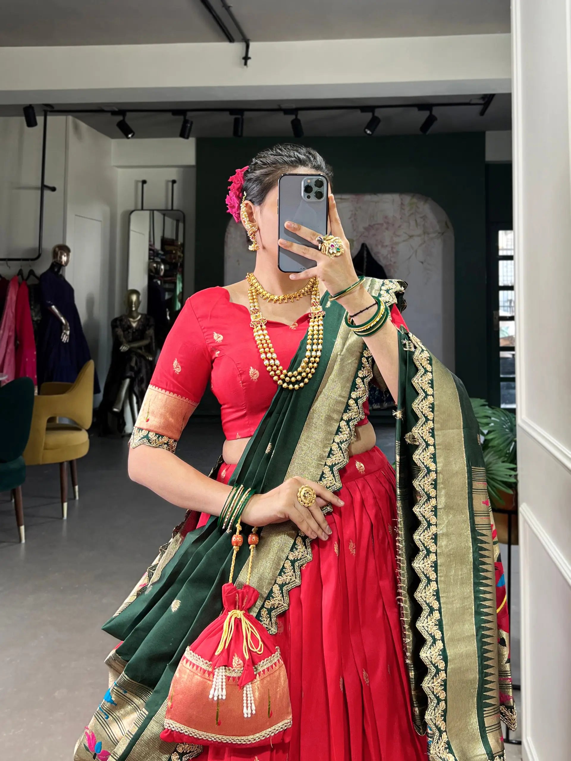 Jacquard Silk Paithani Zari Weaving Lehenga Set with Dupatta & Batwa