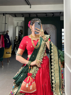 Jacquard Silk Paithani Zari Weaving Lehenga Set with Dupatta & Batwa