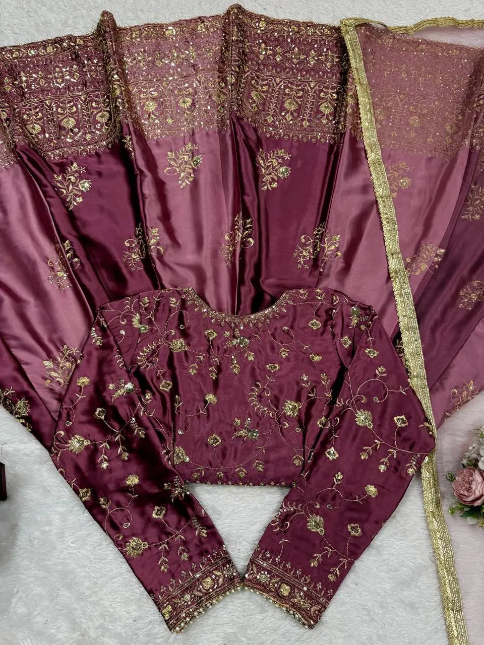 Japan Satin Embroidered Anarkali Set with Dupatta – Thread & Sequins Work
