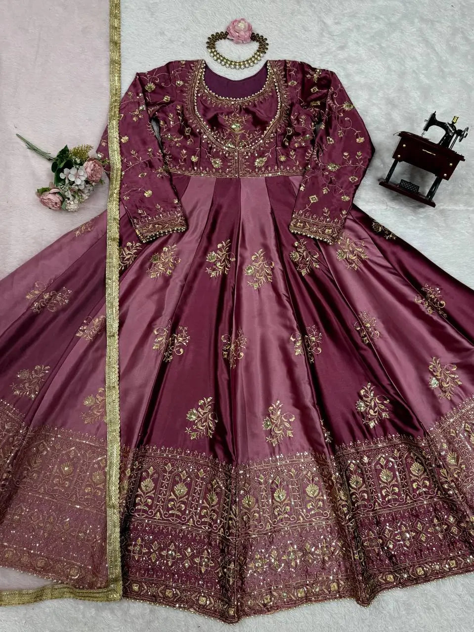 Japan Satin Embroidered Anarkali Set with Dupatta – Thread & Sequins Work