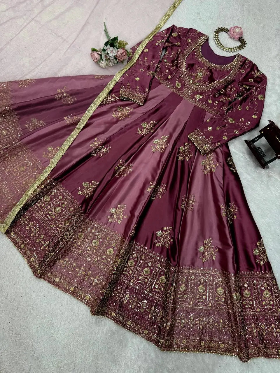 Japan Satin Embroidered Anarkali Set with Dupatta – Thread & Sequins Work