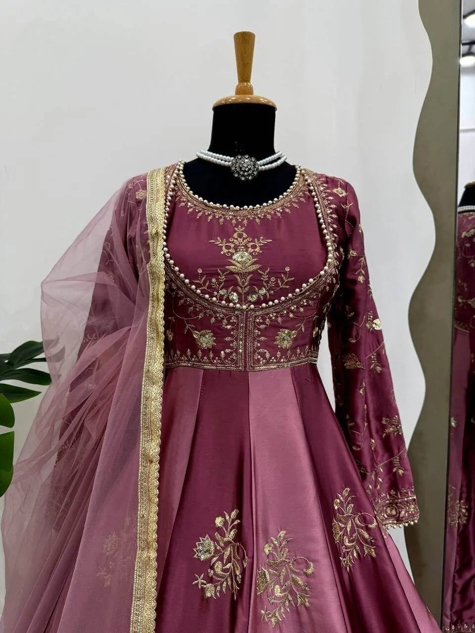 Japan Satin Embroidered Anarkali Set with Dupatta – Thread & Sequins Work