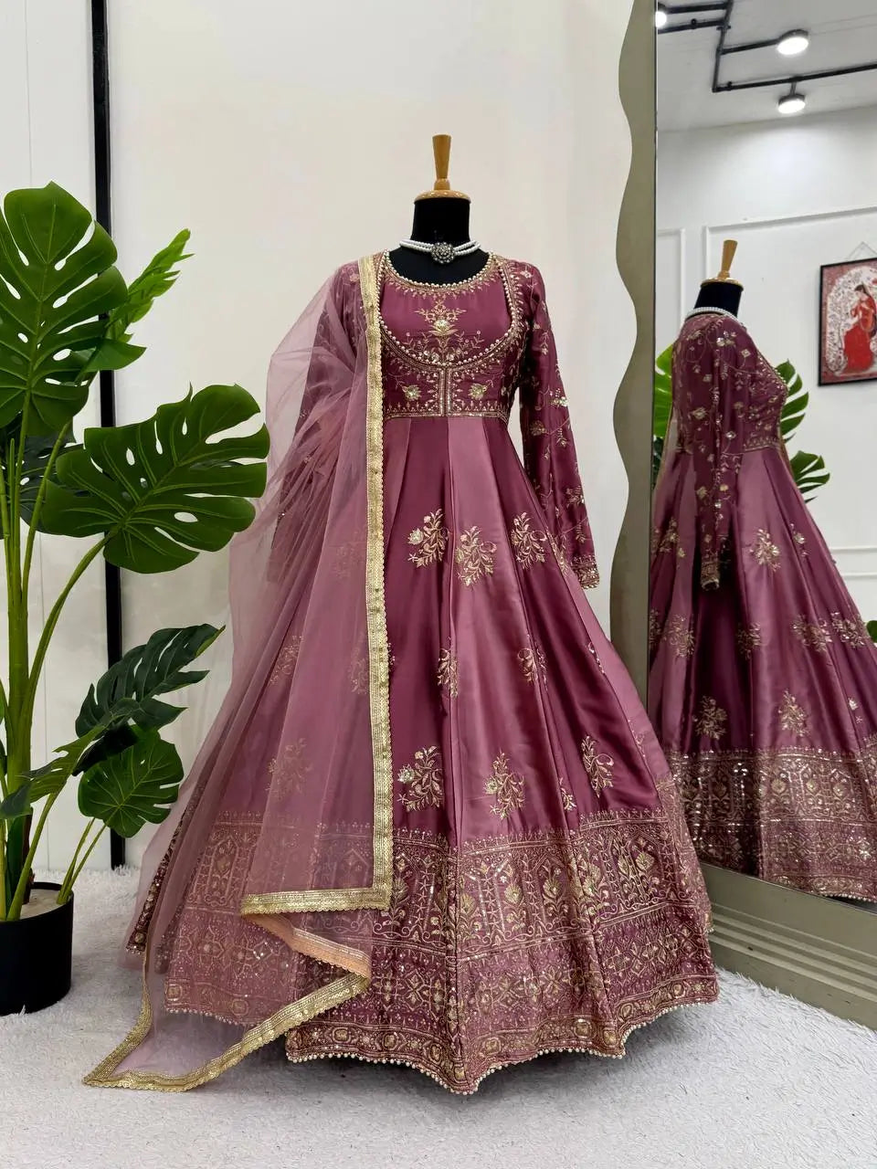Japan Satin Embroidered Anarkali Set with Dupatta – Thread & Sequins Work