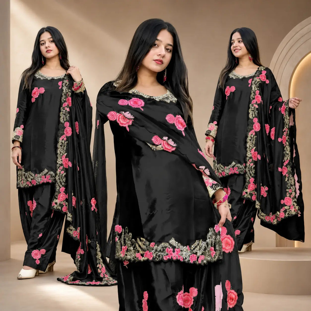 Japan Satin Embroidered Kurti with Farshi Salwar Set