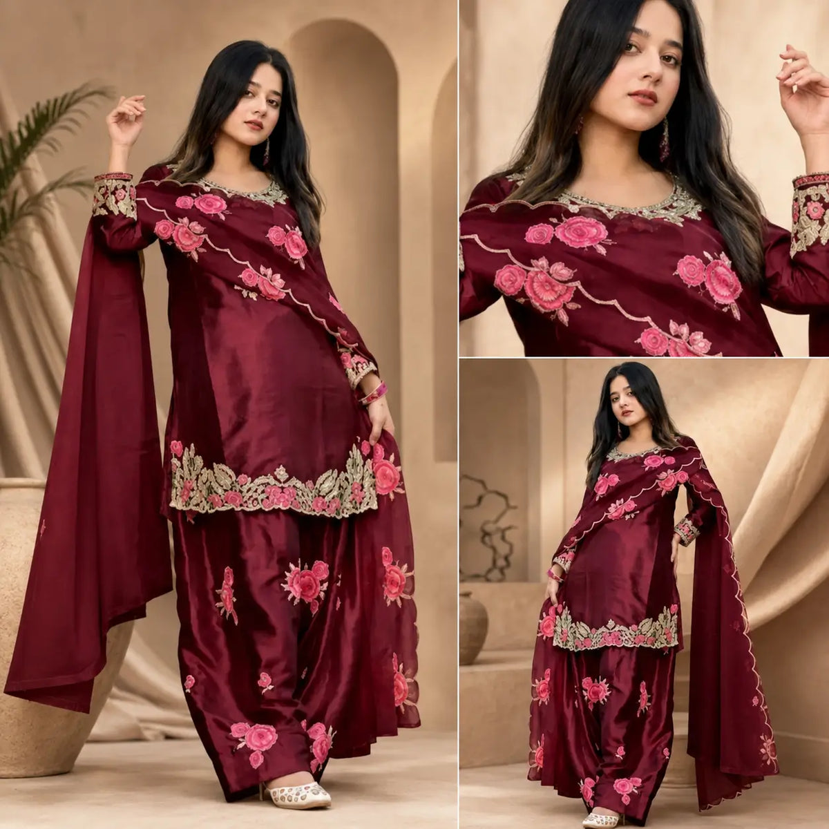 Japan Satin Embroidered Kurti with Farshi Salwar Set