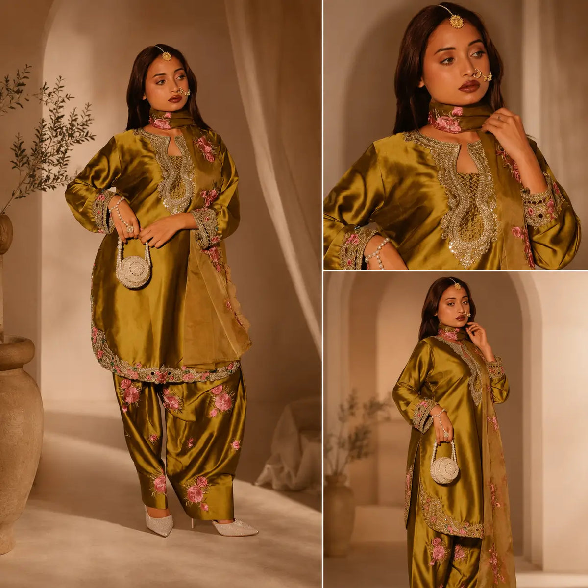 Japan Satin Embroidered Kurti with Farshi Salwar Set