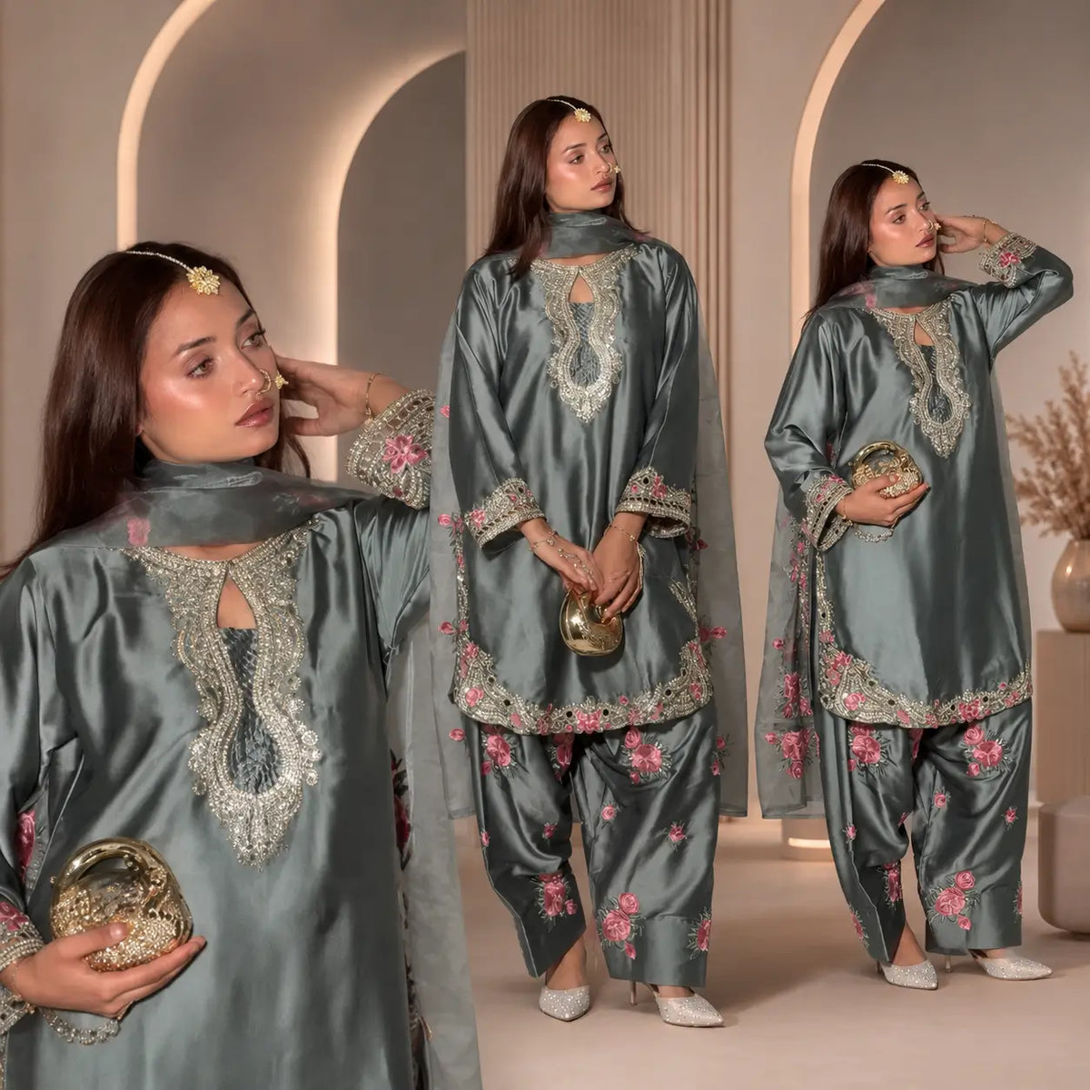 Japan Satin Embroidered Kurti with Farshi Salwar Set