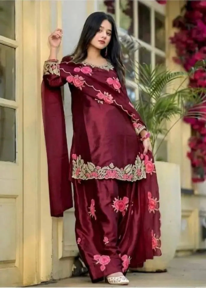 Japan Satin Embroidered Kurti with Farshi Salwar Set