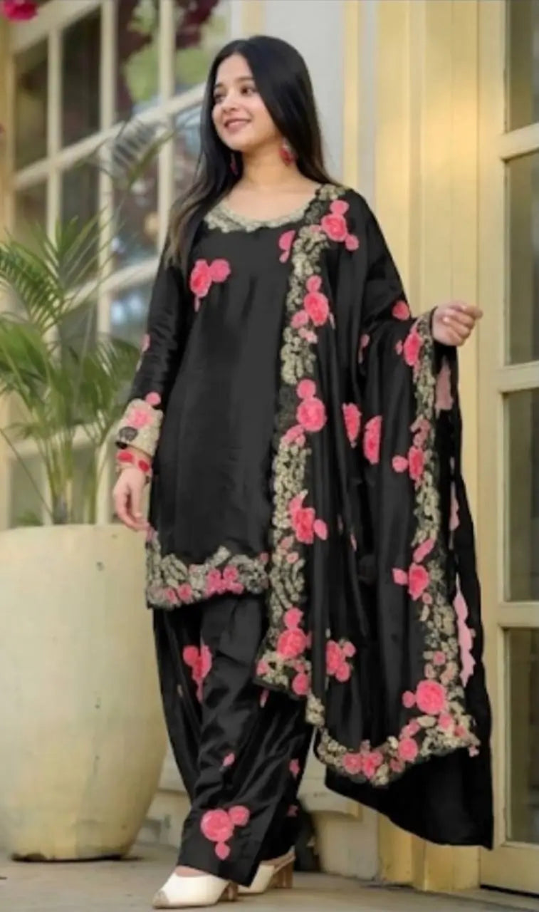 Japan Satin Embroidered Kurti with Farshi Salwar Set