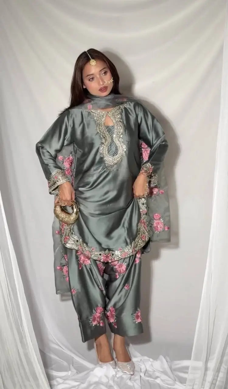 Japan Satin Embroidered Kurti with Farshi Salwar Set