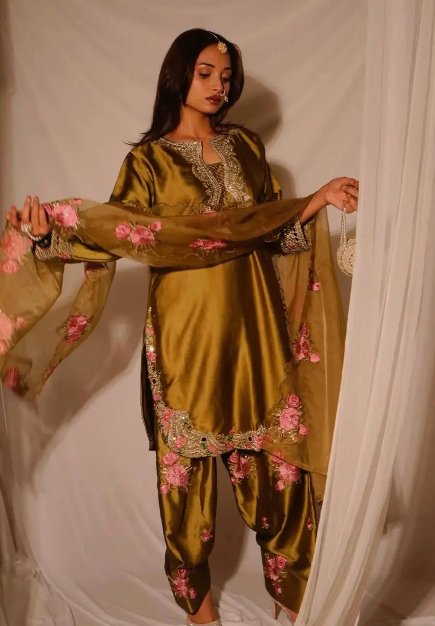 Japan Satin Embroidered Kurti with Farshi Salwar Set