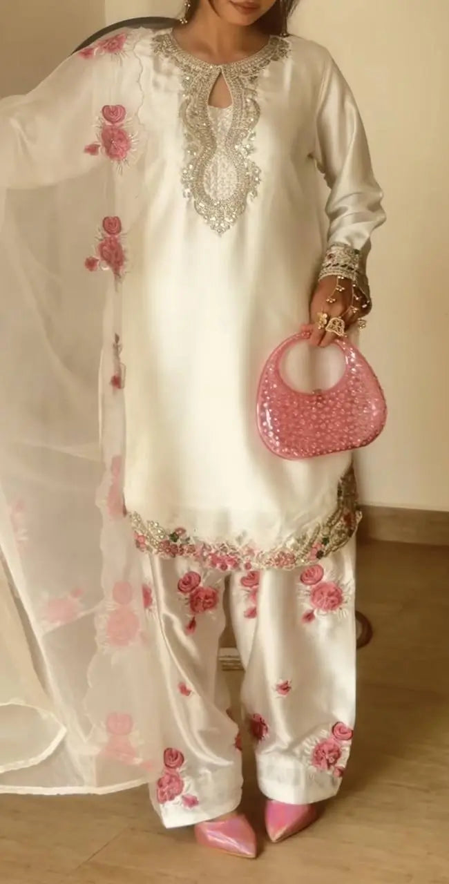 Japan Satin Embroidered Kurti with Farshi Salwar Set