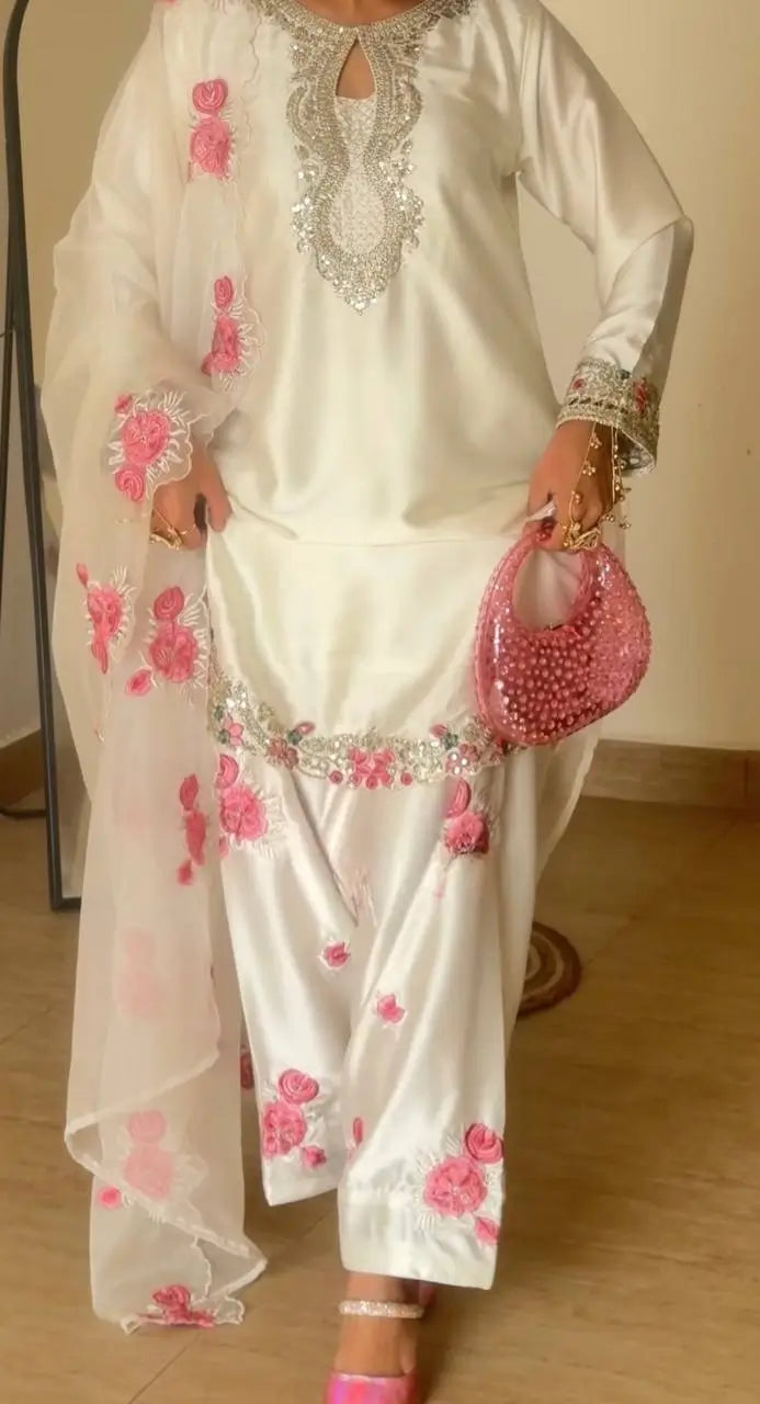 Japan Satin Embroidered Kurti with Farshi Salwar Set