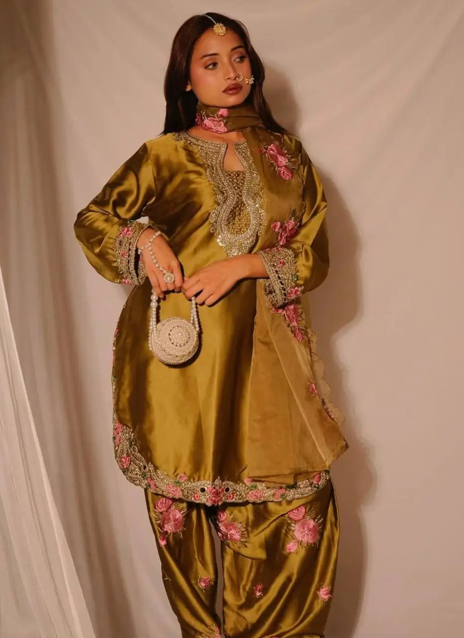 Japan Satin Embroidered Kurti with Farshi Salwar Set