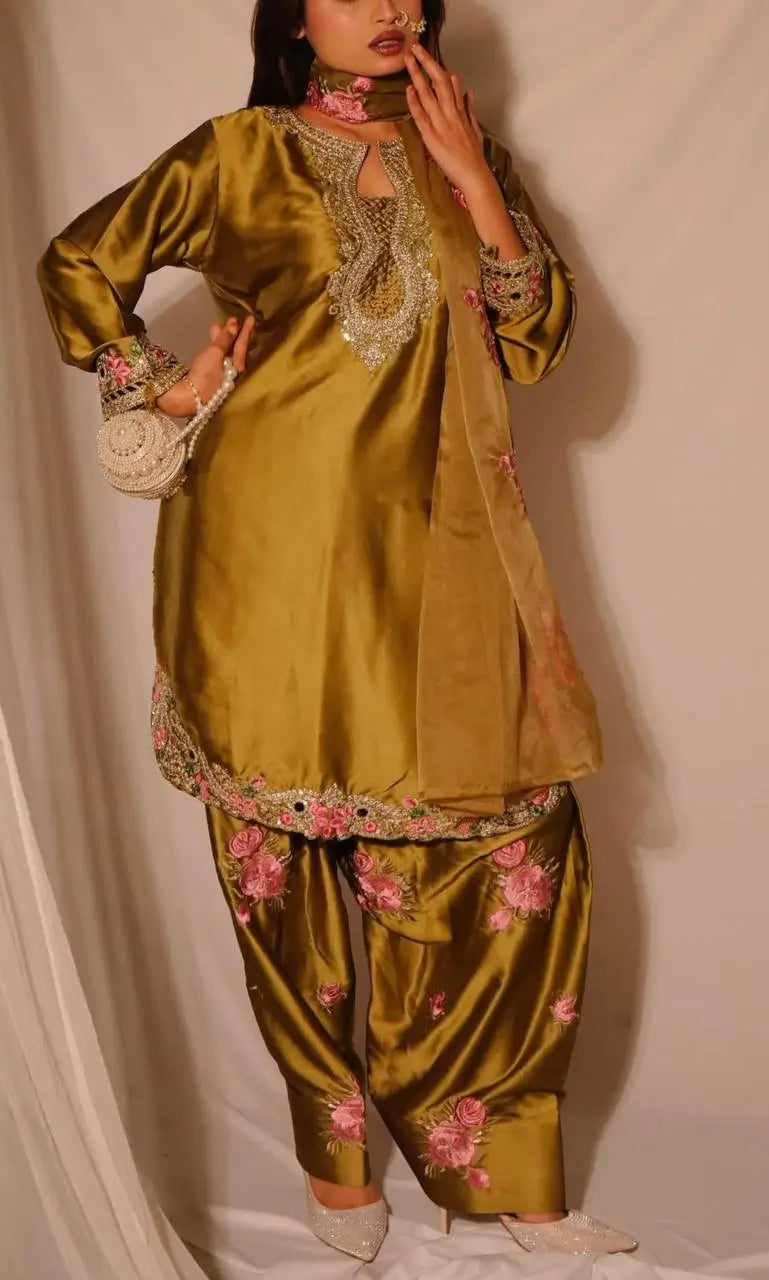 Japan Satin Embroidered Kurti with Farshi Salwar Set