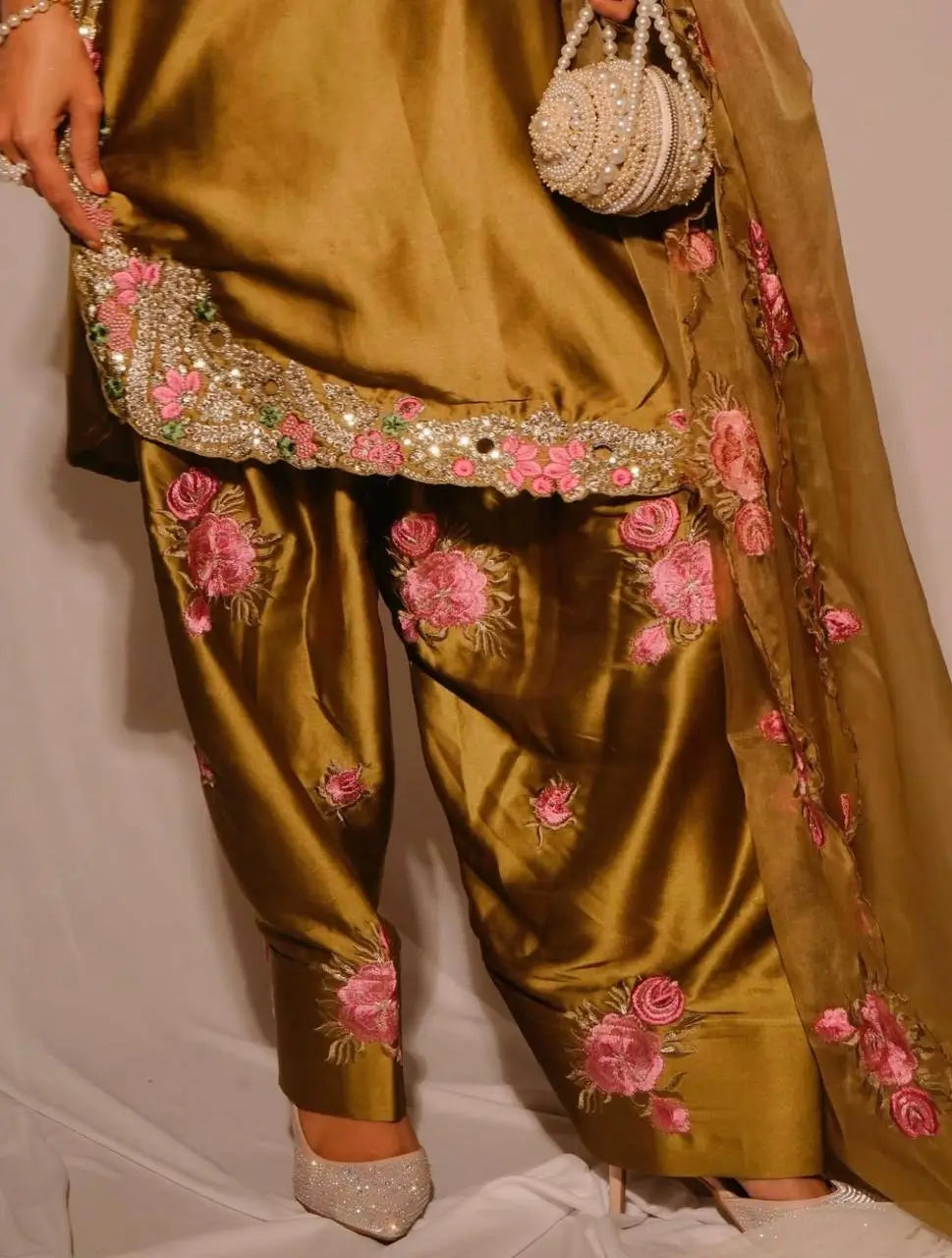 Japan Satin Embroidered Kurti with Farshi Salwar Set