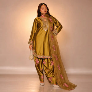 Japan Satin Embroidered Kurti with Farshi Salwar Set