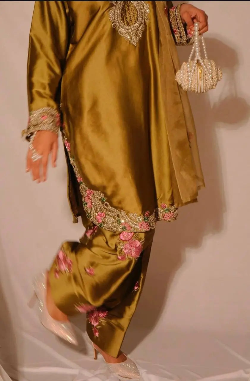 Japan Satin Embroidered Kurti with Farshi Salwar Set
