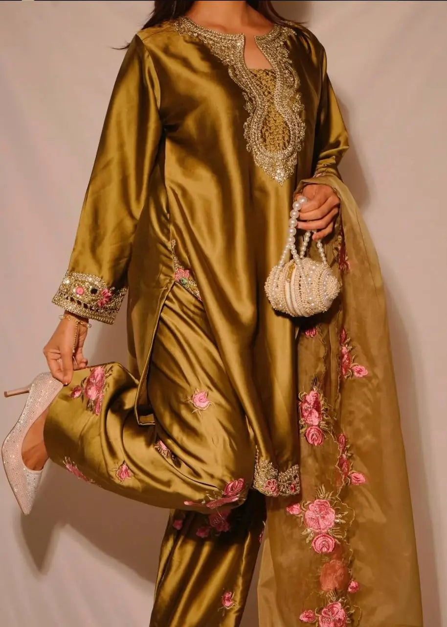 Japan Satin Embroidered Kurti with Farshi Salwar Set