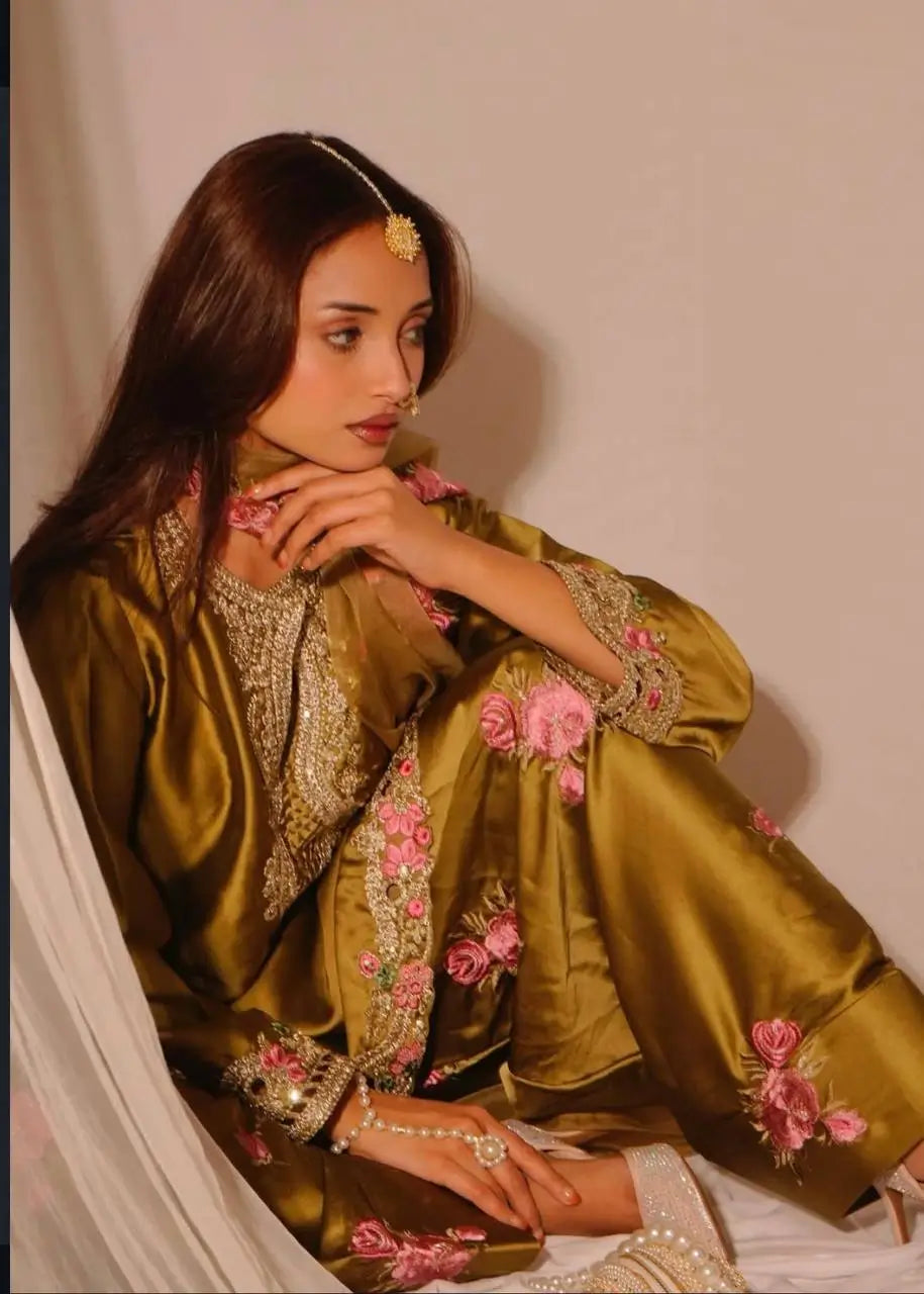 Japan Satin Embroidered Kurti with Farshi Salwar Set