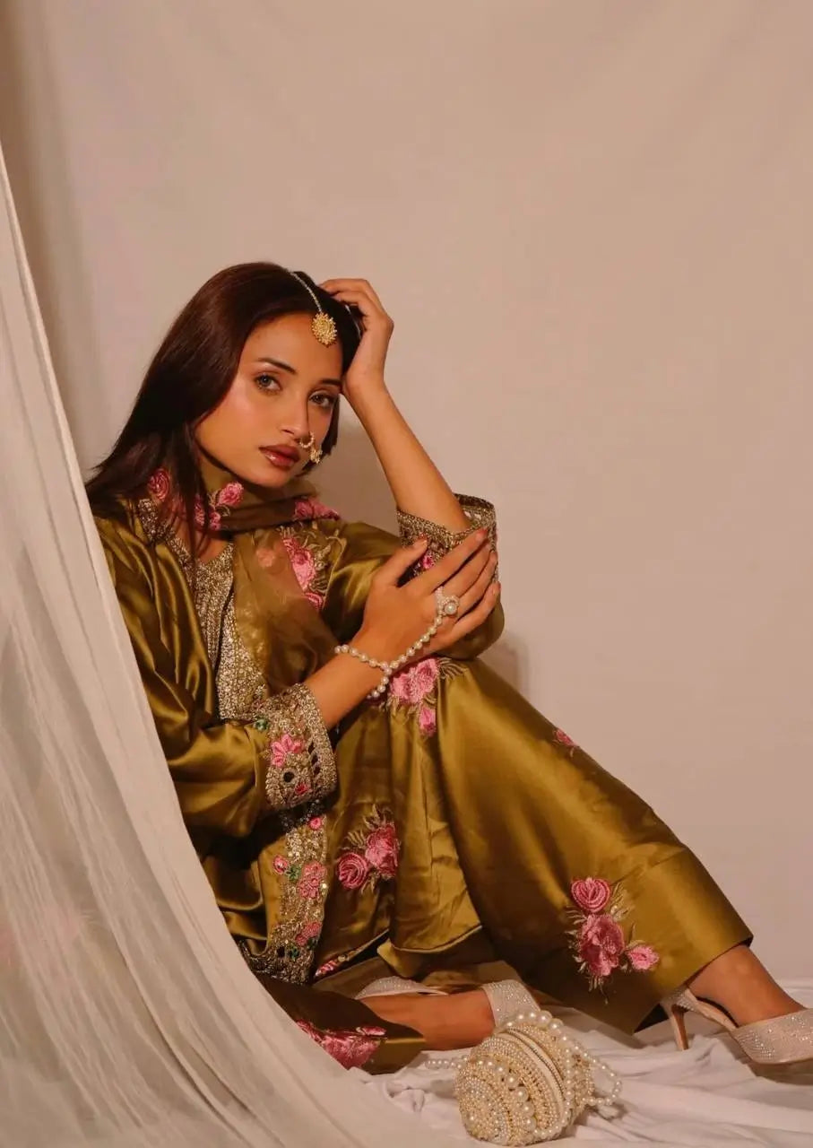 Japan Satin Embroidered Kurti with Farshi Salwar Set