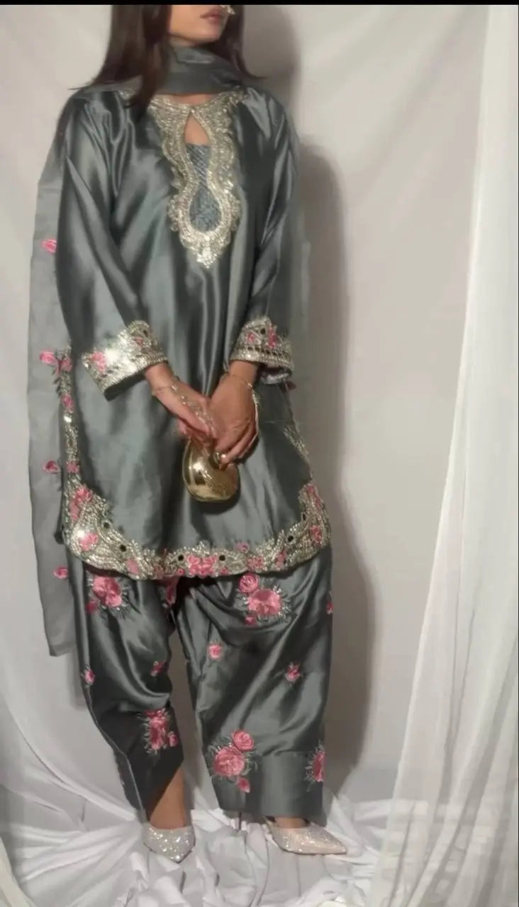 Japan Satin Embroidered Kurti with Farshi Salwar Set