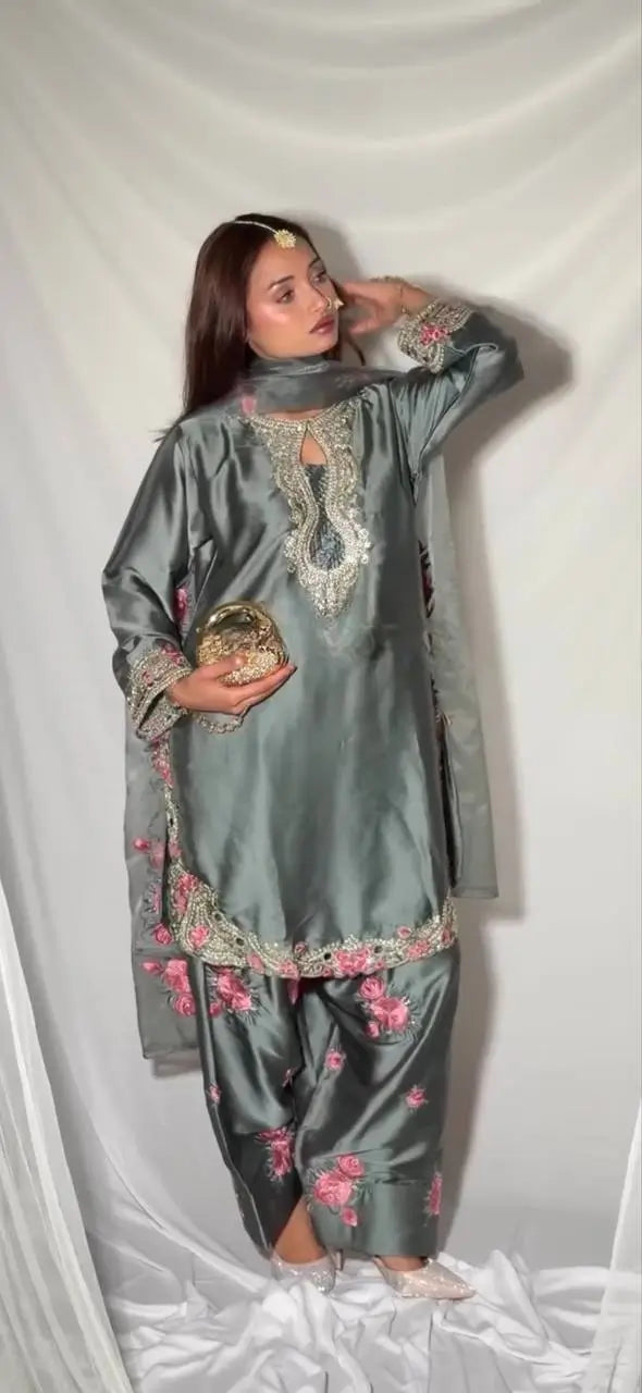 Japan Satin Embroidered Kurti with Farshi Salwar Set