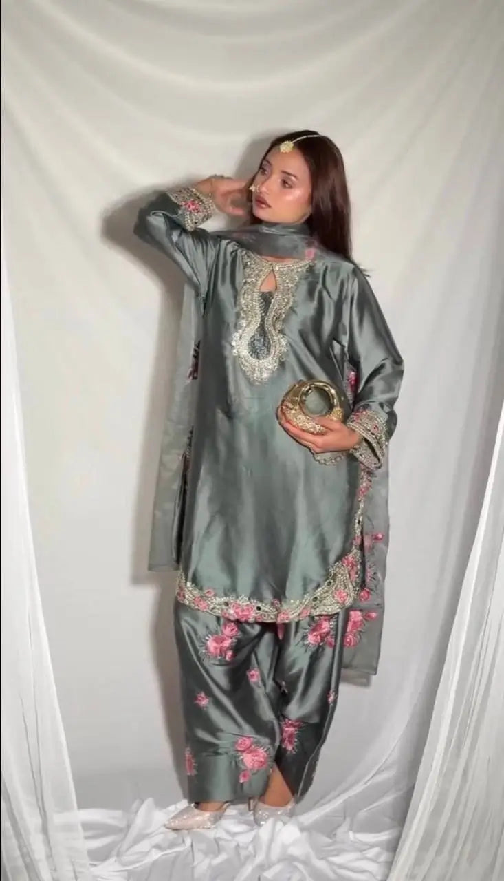 Japan Satin Embroidered Kurti with Farshi Salwar Set