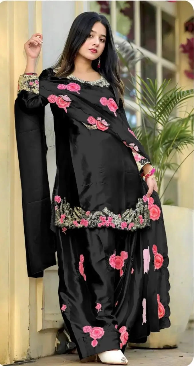 Japan Satin Embroidered Kurti with Farshi Salwar Set