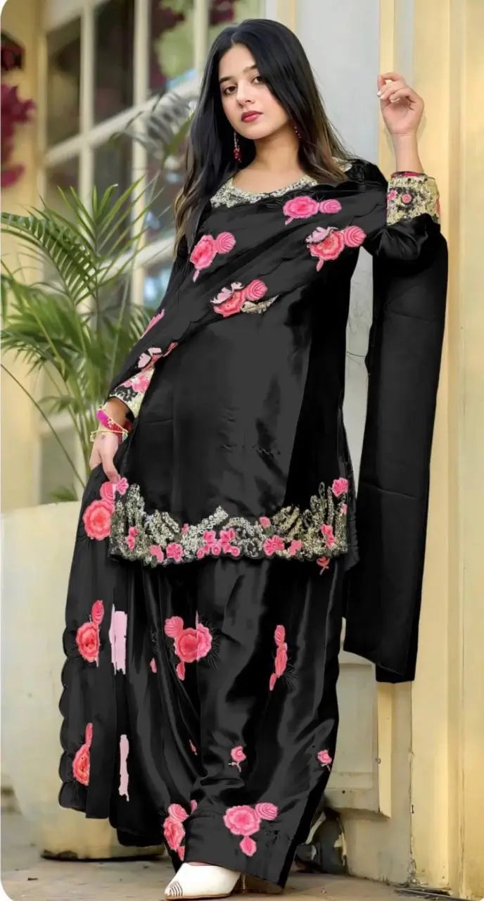 Japan Satin Embroidered Kurti with Farshi Salwar Set
