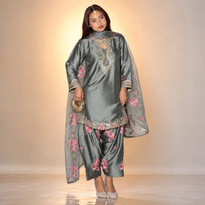 Japan Satin Embroidered Kurti with Farshi Salwar Set