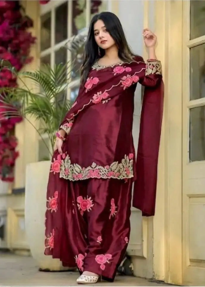 Japan Satin Embroidered Kurti with Farshi Salwar Set