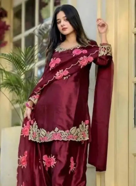Japan Satin Embroidered Kurti with Farshi Salwar Set