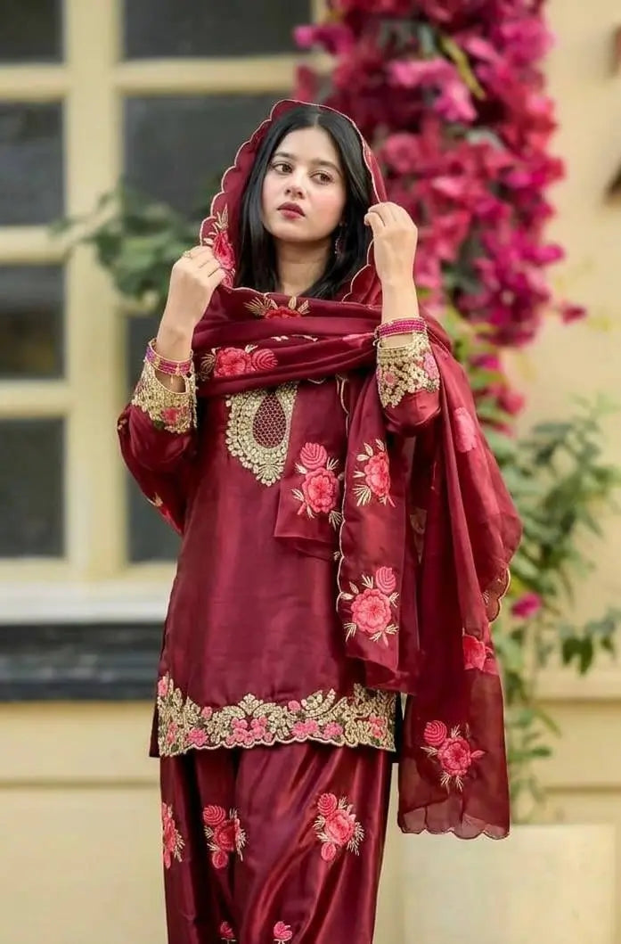 Japan Satin Embroidered Kurti with Farshi Salwar Set