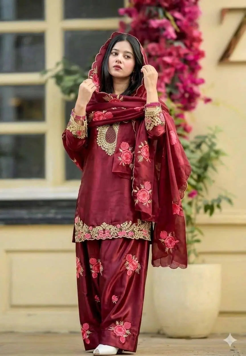 Japan Satin Embroidered Kurti with Farshi Salwar Set