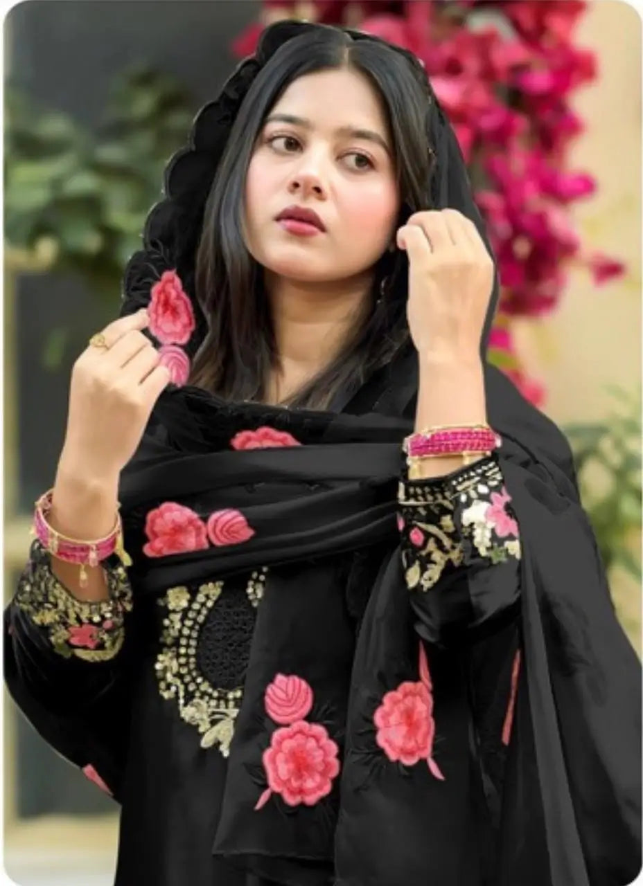 Japan Satin Embroidered Kurti with Farshi Salwar Set