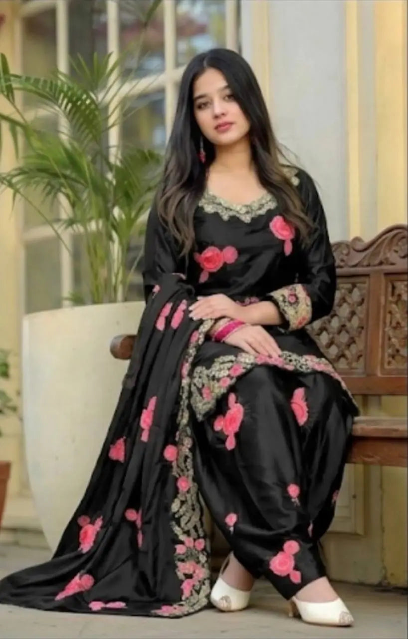 Japan Satin Embroidered Kurti with Farshi Salwar Set